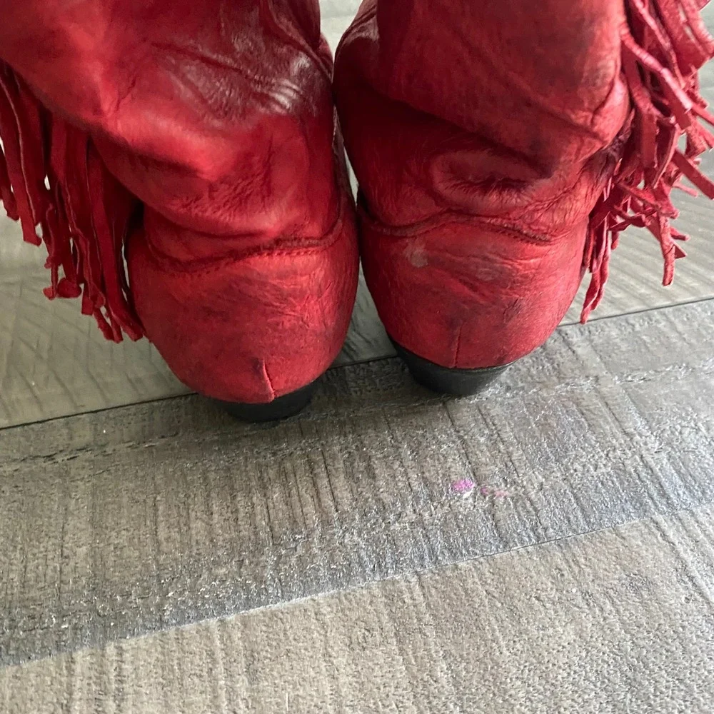 Vintage Sage Abilene Red Leather Fringe Western Boots Concho Turquoise Sz 8M USA